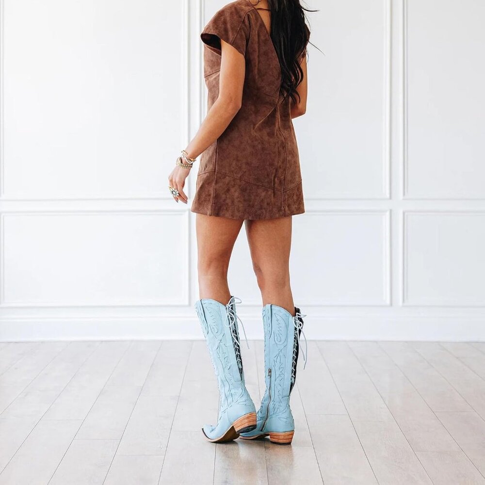 Women's Blue Pointed Toe Zipper Cowgirl Boots Lace up Chunky Heel Western Boots - Picture 4 of 7